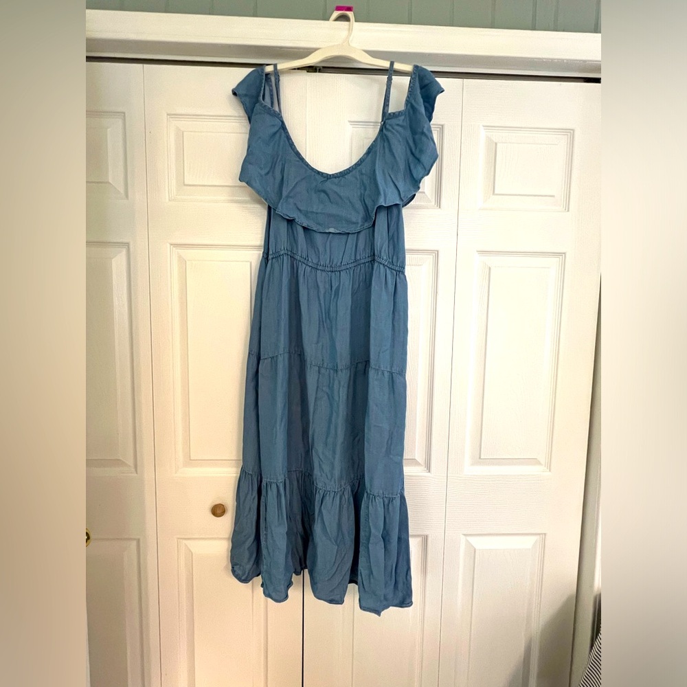Denim colored off the shoulder dress